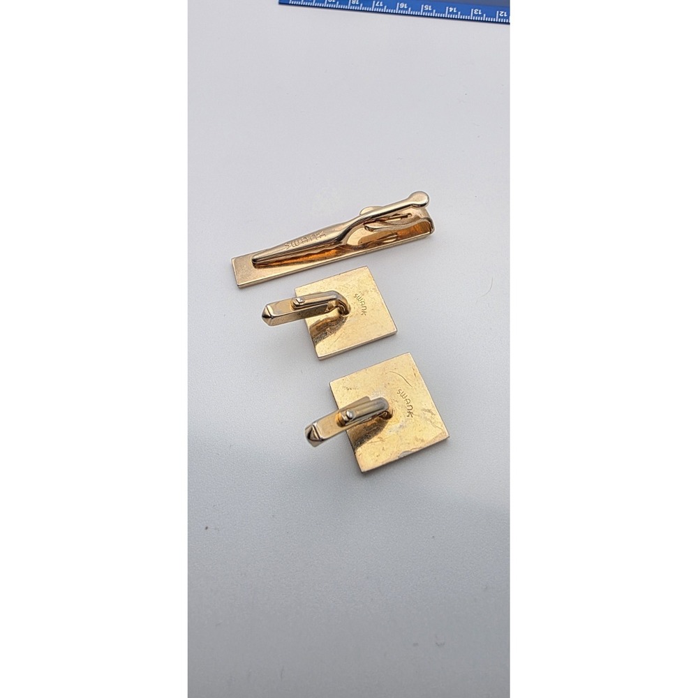 Vtg SWANK Mother of Pearl Inlay Tie Clip Bar & Cufflinks Set Gold Tone FREE $HIP - Picture 3 of 4